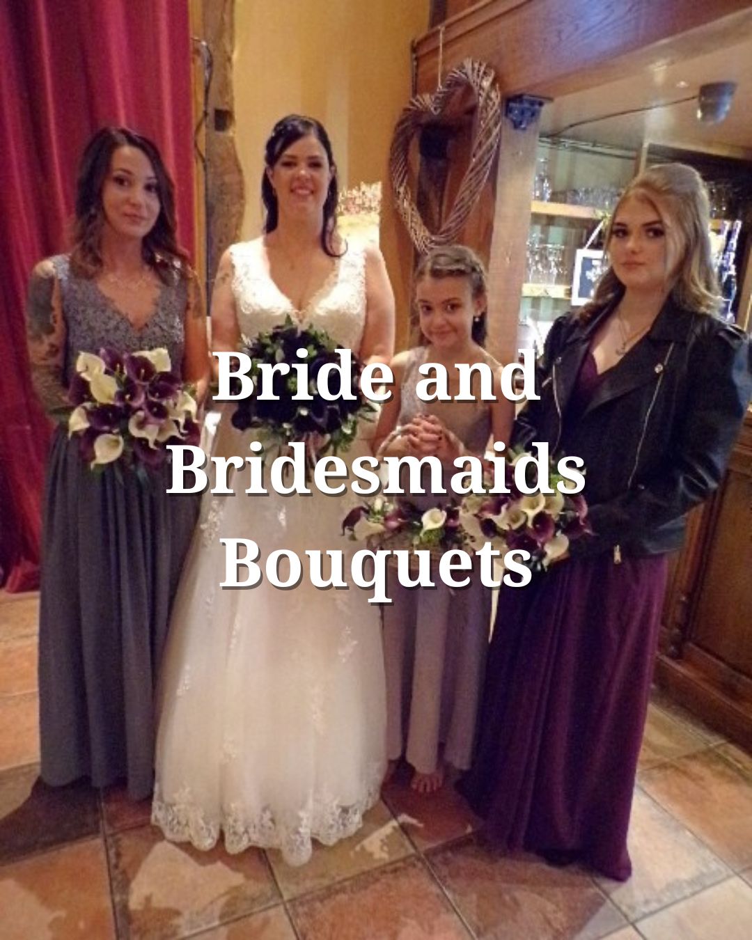 A bride in a white gown holds a bouquet, surrounded by three bridesmaids with varied dresses holding similar floral arrangements.